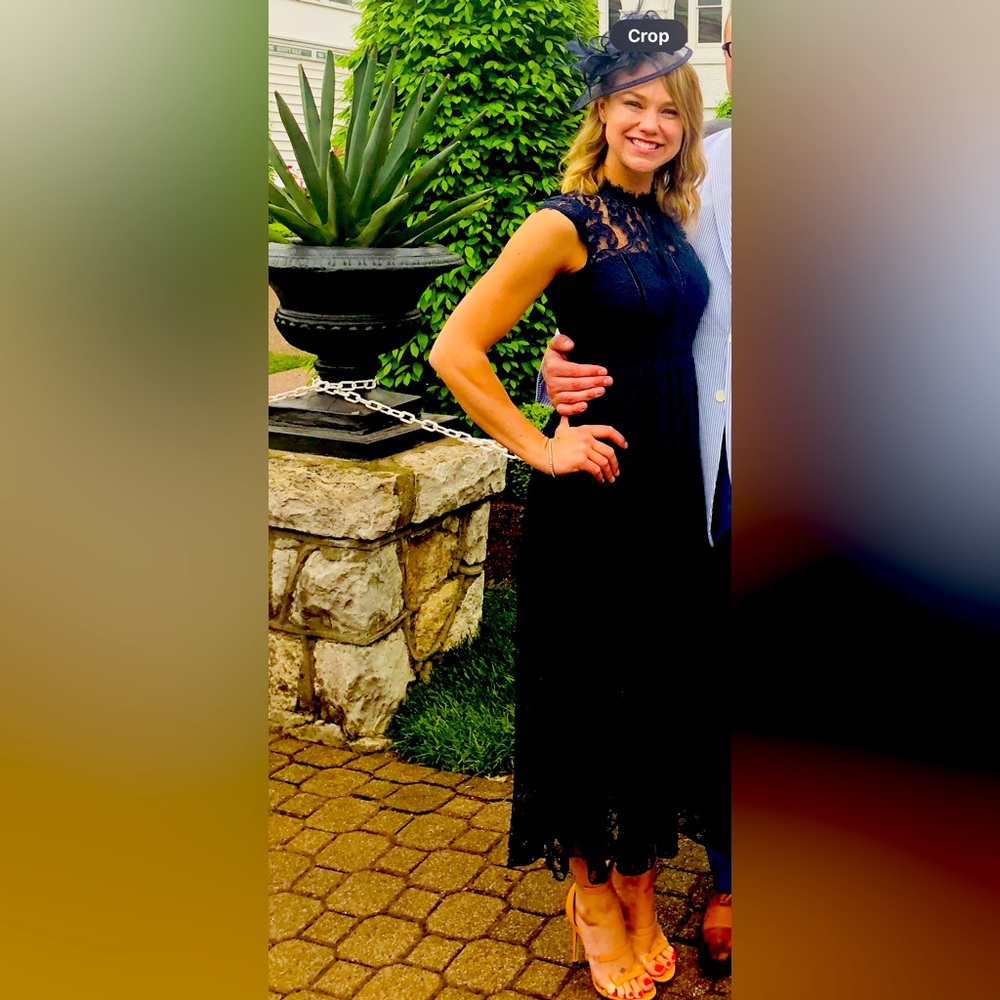 Chelsea 28 Navy Lace overlay dress with Velvet details. Size 4 TTS.